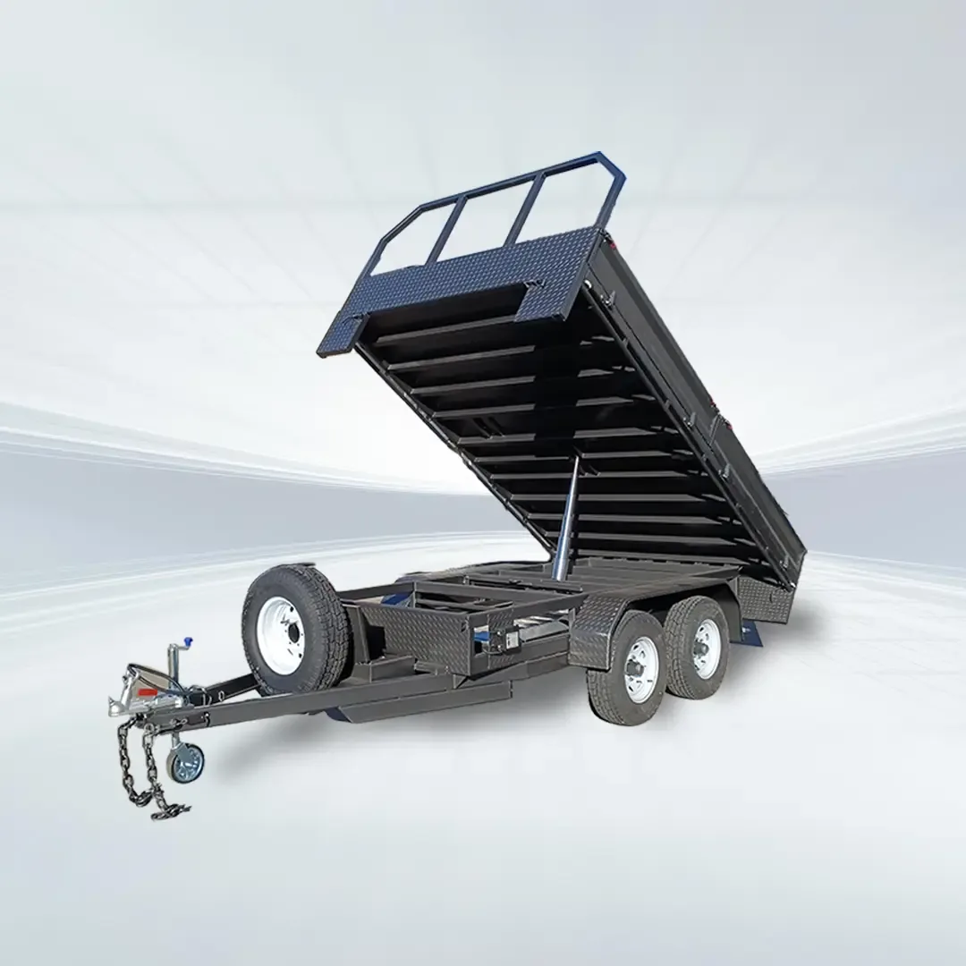 Studio side angled view of black 12x7 flat top tipper trailer with removable sides and headboard on white background.