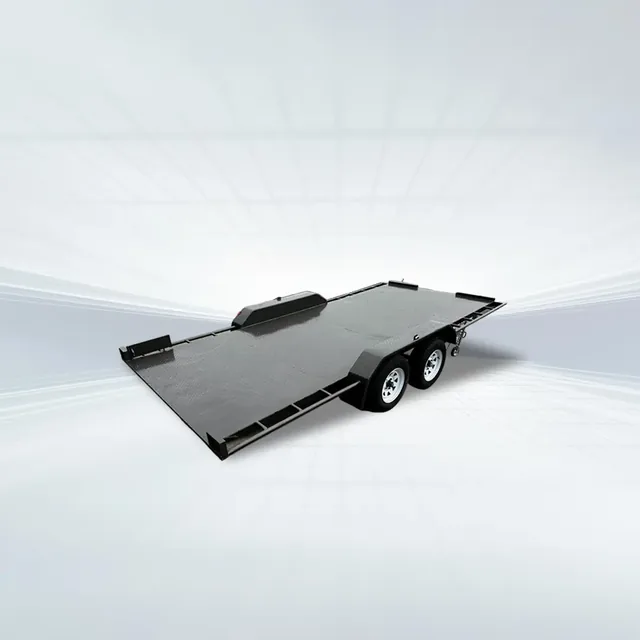 Studio shot of 16ft car trailer with manual hydraulic tilt function, checker plate deck, and tandem axles.