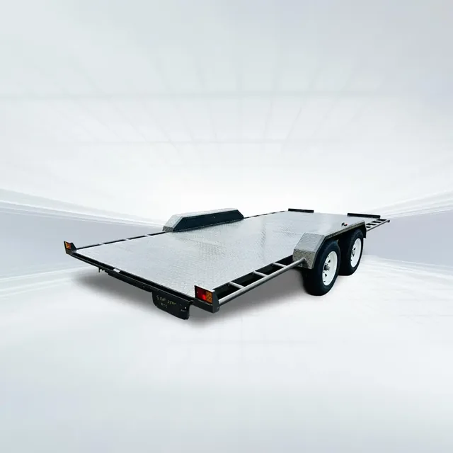 Studio side view of silver/grey 16ft semi-flat car trailer with 2800kg GVM, checker plate deck, and tandem axles.