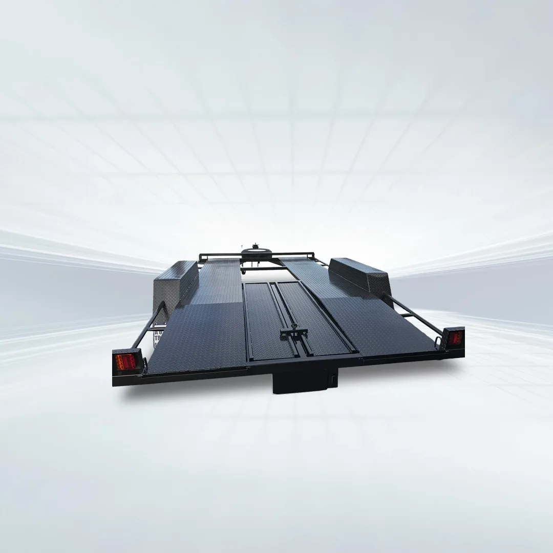 Rear studio view of black 16ft semi-flat car trailer with 3200kg GVM, checker plate deck, and extended slide-in ramps on white background.