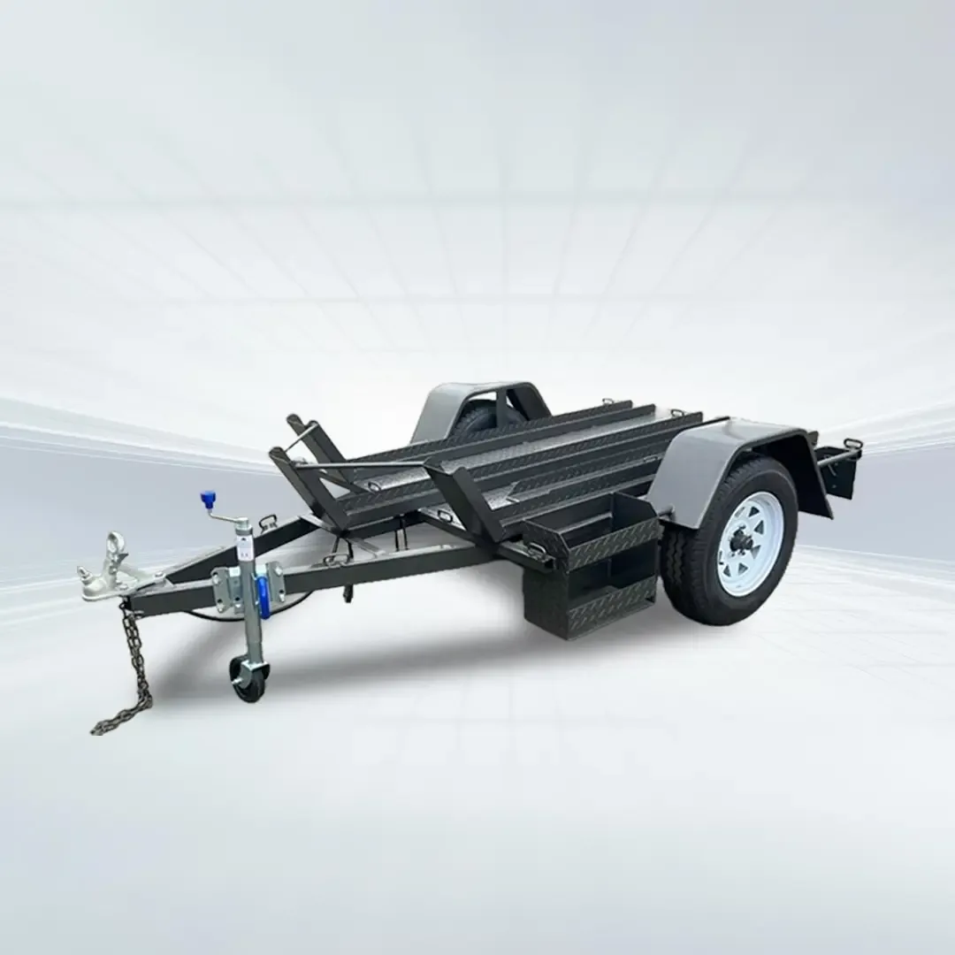 Grey 6x4 heavy-duty bike trailer with checker plate floor, tandem rails, 750kg GVM, and white wheels displayed in studio setting.