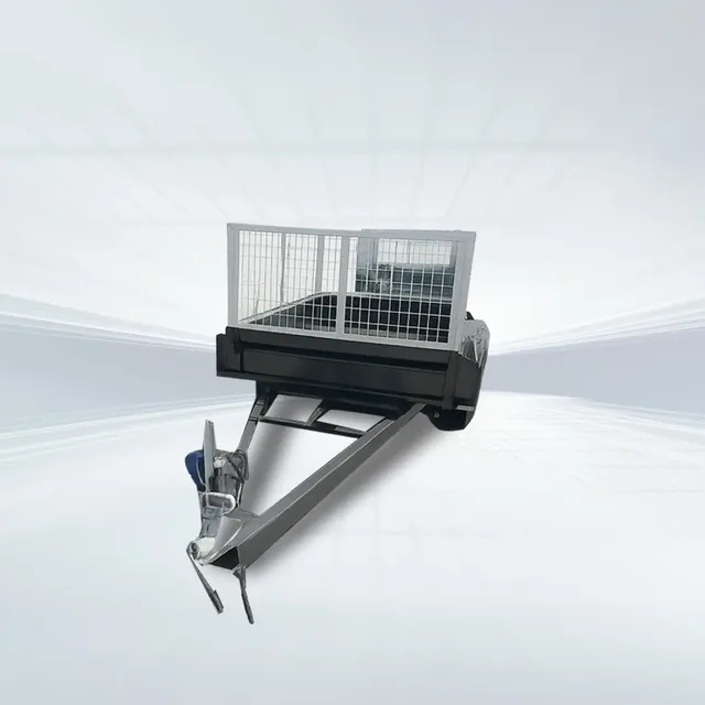 6x4 heavy-duty single axle trailer with 750kg GVM, full checker plate floor, front and rear tailgates, and 600mm high galvanised cage in studio setting.