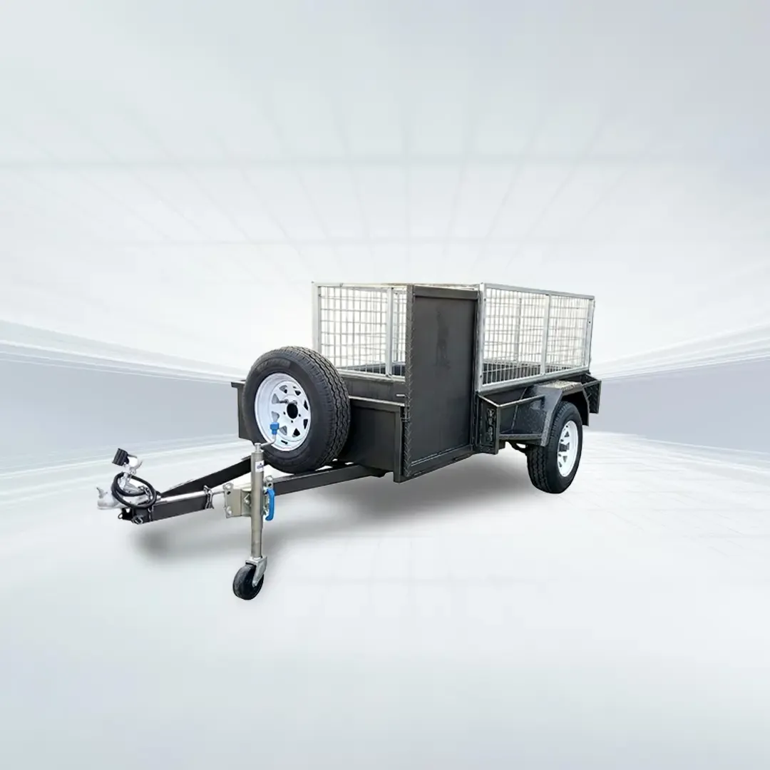 Side angled studio view of black 6x4 lawn mower trailer with 600mm high mesh cage and open mower box.