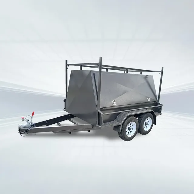 Studio side angled view of black 8x5 tradesman trailer with full one-piece canopy on white background.