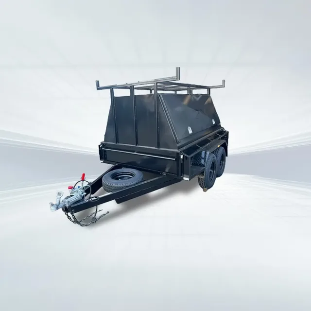 Studio side angled view of black 8x5 tradesman trailer with two-piece canopy design on white background.